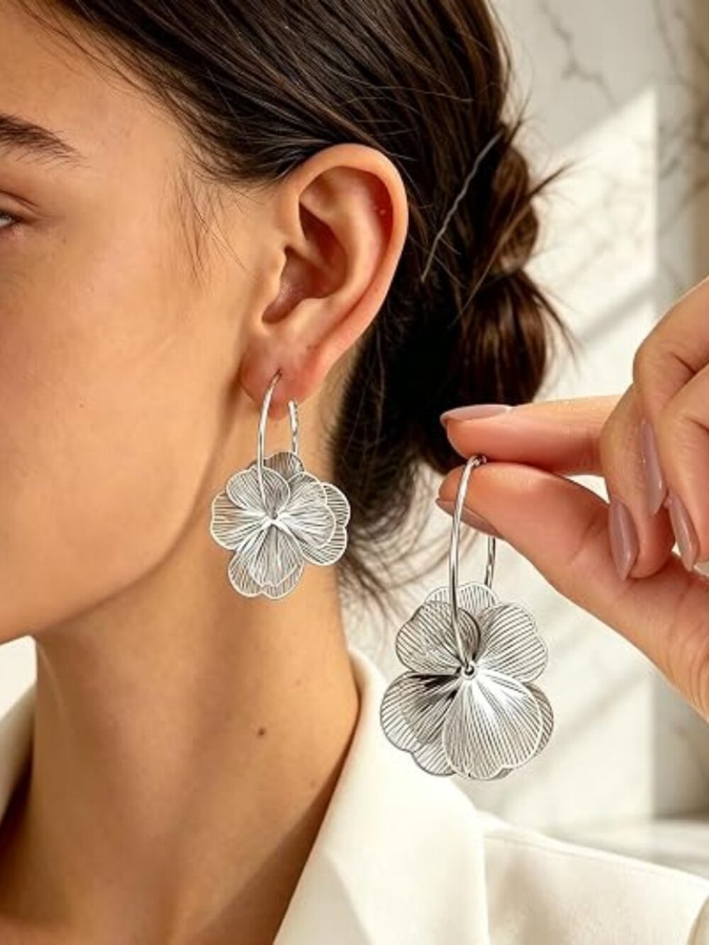 Gold Silver Flower Dangle Earrings for Women - Picture 4 of 7
